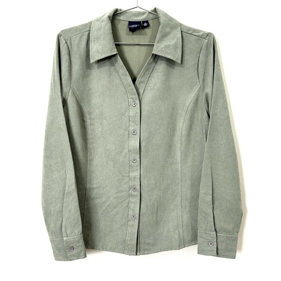 Sonoma Life + Style Womens Sz M Muted Green Faux Suede Button Down Shirt - Picture 1 of 9
